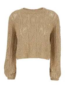 SEMICOUTURE Beige Crewneck Cropped Sweater With Elastic Hem And Perforated Design