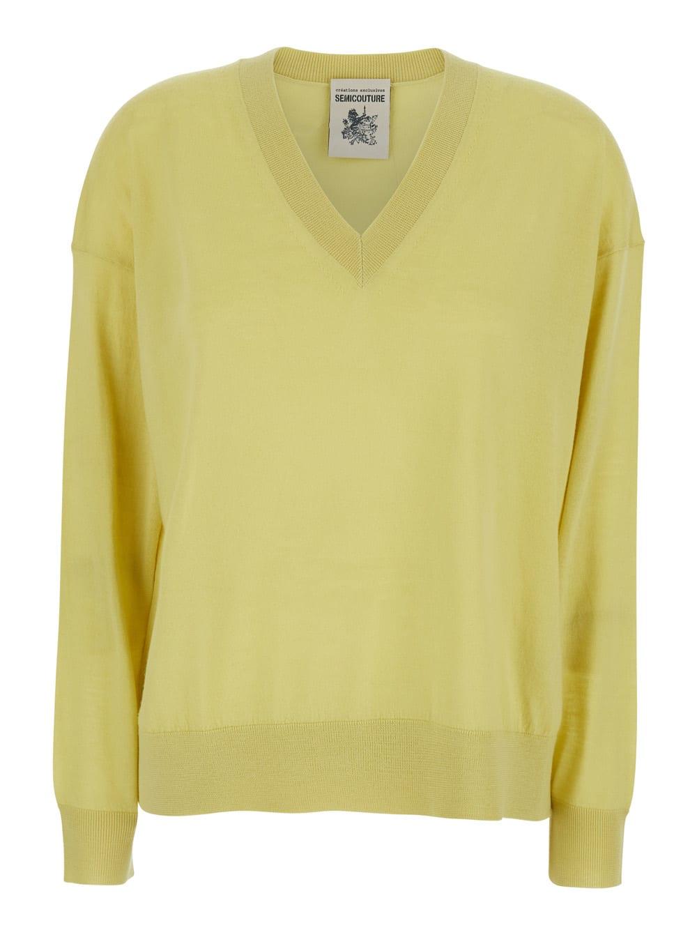SEMICOUTURE Yellow Sweater With Dropped Shoulders And V Neck In Wool